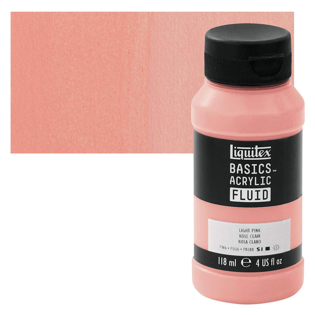 Open in modal - Liquitex Basics Acrylic Fluid Paint - Light Pink, 118 ml bottle and swatch