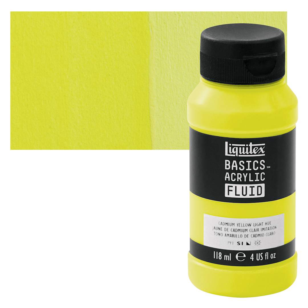 Open in modal - Liquitex Basics Acrylic Fluid Paint - Cadmium Yellow Light Hue, 118 ml bottle and swatch