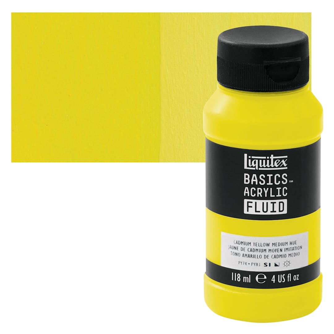 Open in modal - Liquitex Basics Acrylic Fluid Paint - Cadmium Yellow Medium Hue, 118 ml bottle and swatch