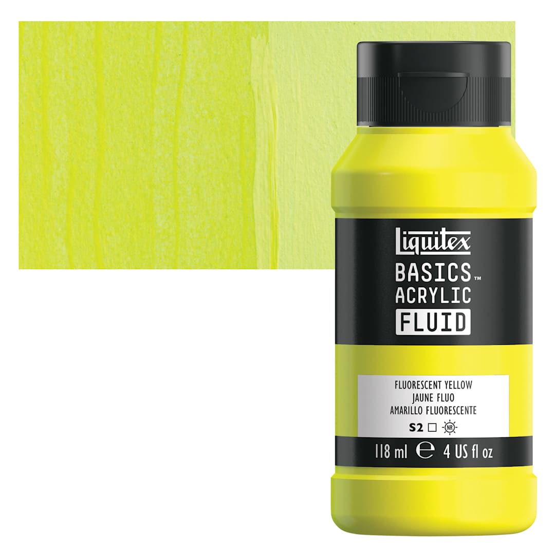 Open in modal - Liquitex Basics Acrylic Fluid Paint - Fluorescent Yellow, 118 ml bottle and swatch