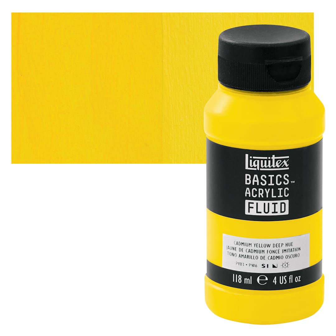 Open in modal - Liquitex Basics Acrylic Fluid Paint - Cadmium Yellow Deep Hue, 118 ml bottle and swatch