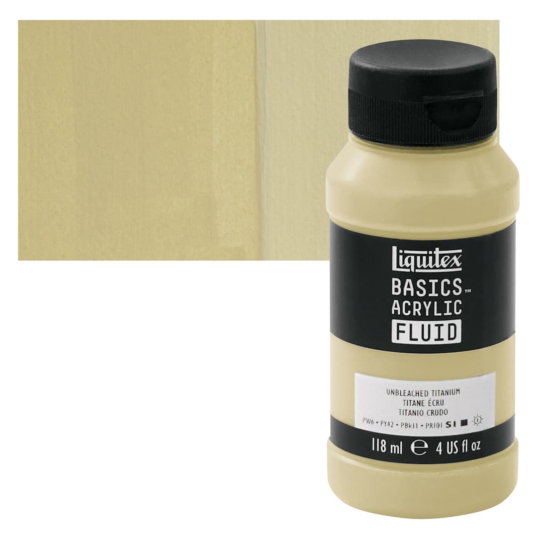 Open in modal - Liquitex Basics Acrylic Fluid Paint - Unbleached Titanium, 118 ml bottle and swatch