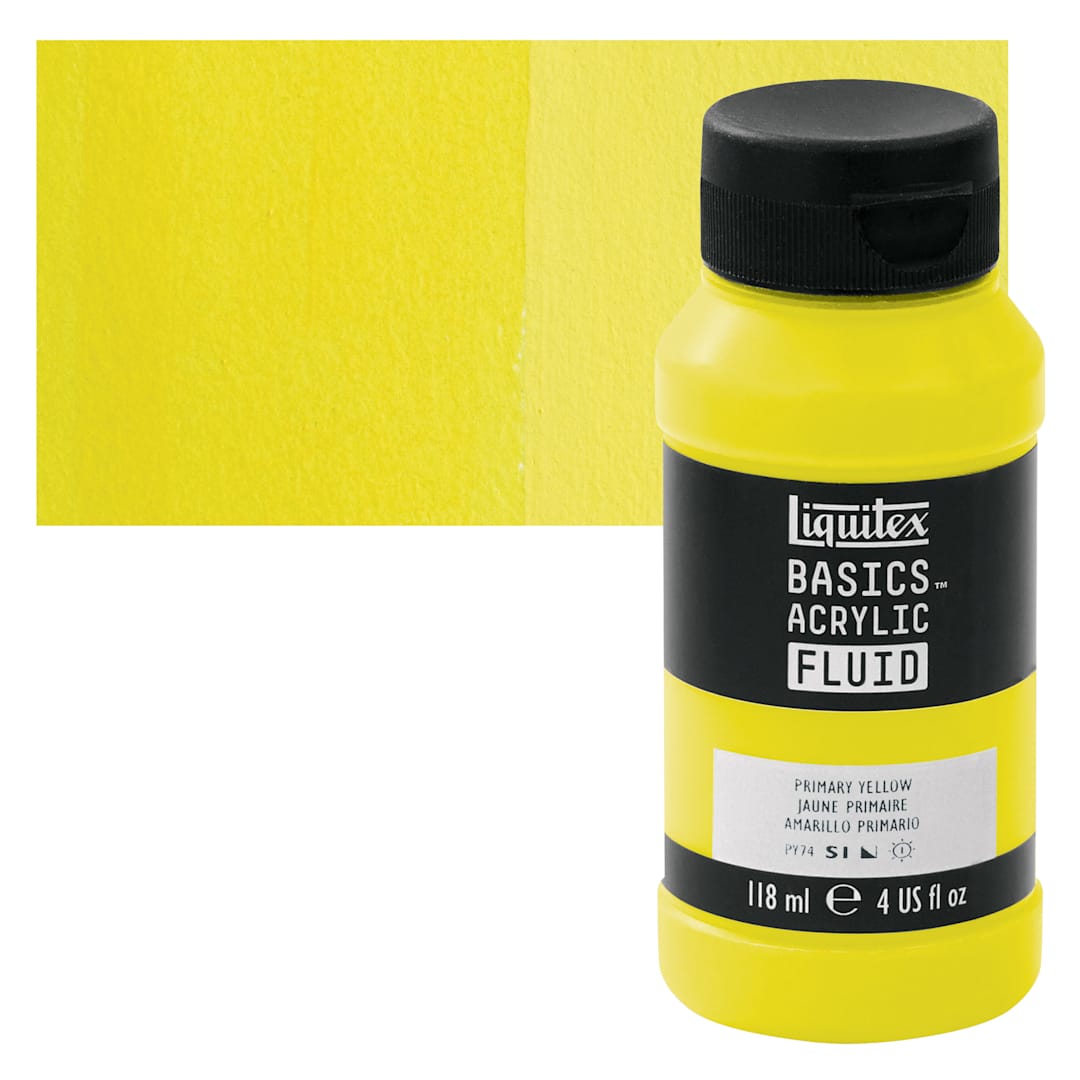Open in modal - Liquitex Basics Acrylic Fluid Paint - Primary Yellow, 118 ml bottle and swatch