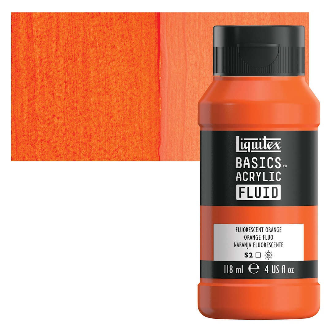 Open in modal - Liquitex Basics Acrylic Fluid Paint - Fluorescent Orange, 118 ml bottle and swatch