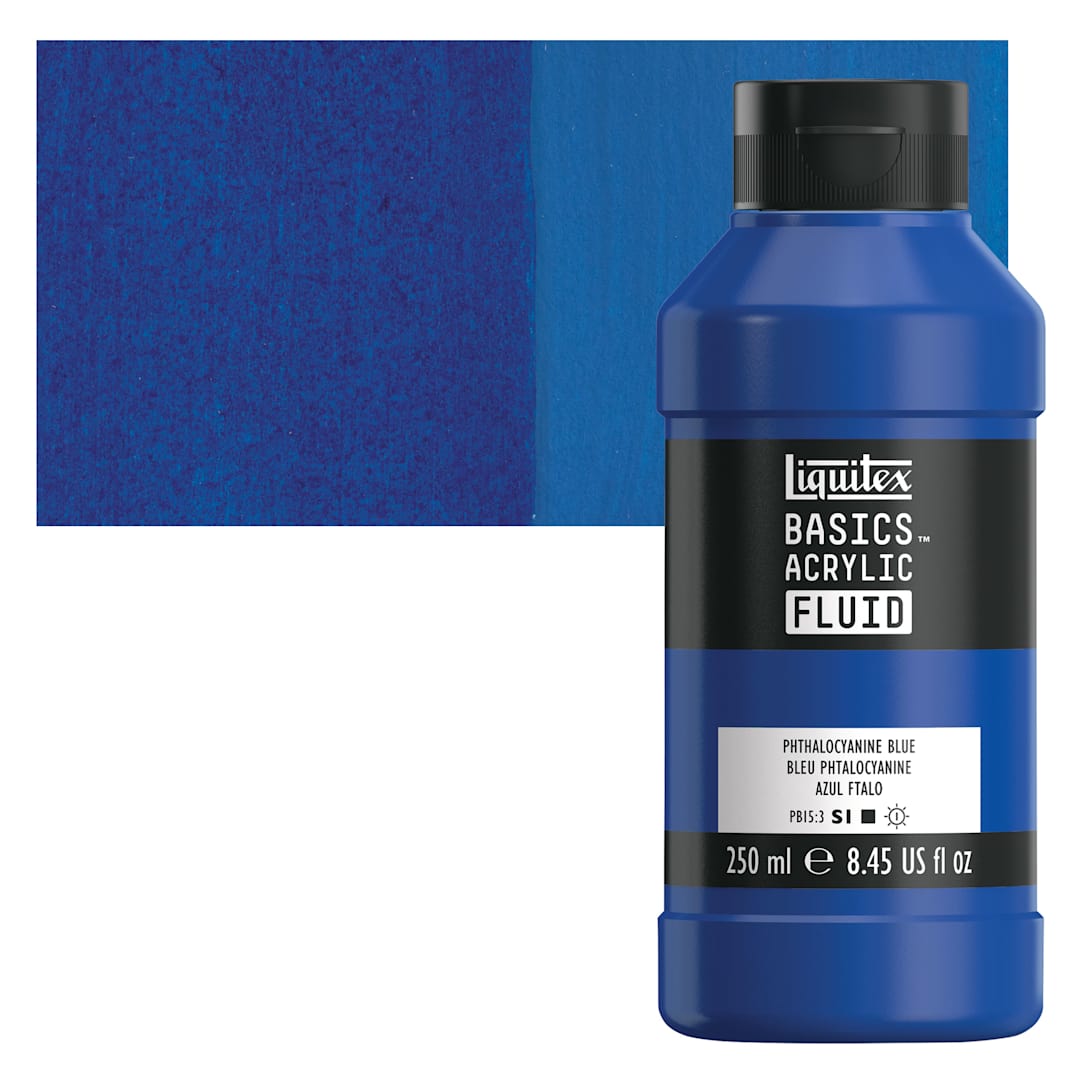 Open in modal - Liquitex Basics Acrylic Fluid Paint - Phthalocyanine Blue, 250 ml bottle and swatch