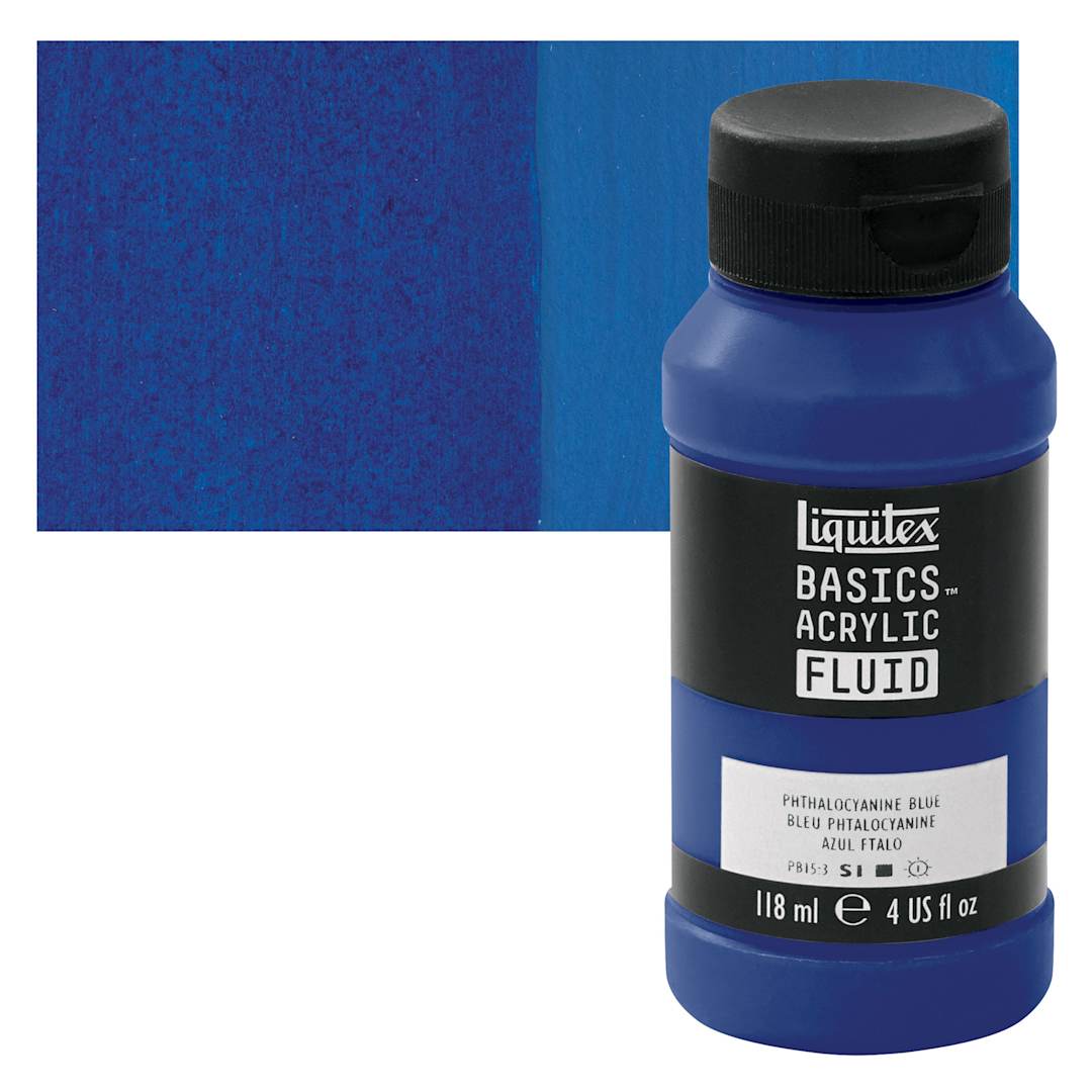 Open in modal - Liquitex Basics Acrylic Fluid Paint - Phthalocyanine Blue, 118 ml bottle and swatch
