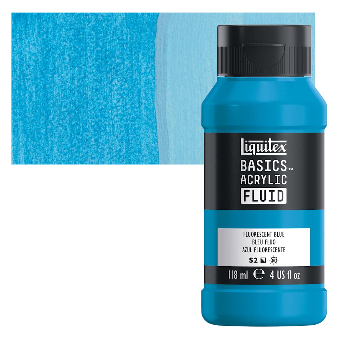 Open in modal - Liquitex Basics Acrylic Fluid Paint - Fluorescent Blue, 118 ml bottle and swatch