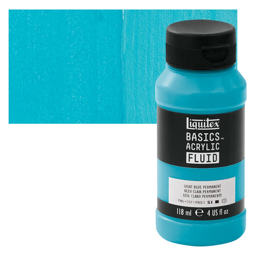 Open in modal - Liquitex Basics Acrylic Fluid Paint - Light Blue Permanent, 118 ml bottle and swatch