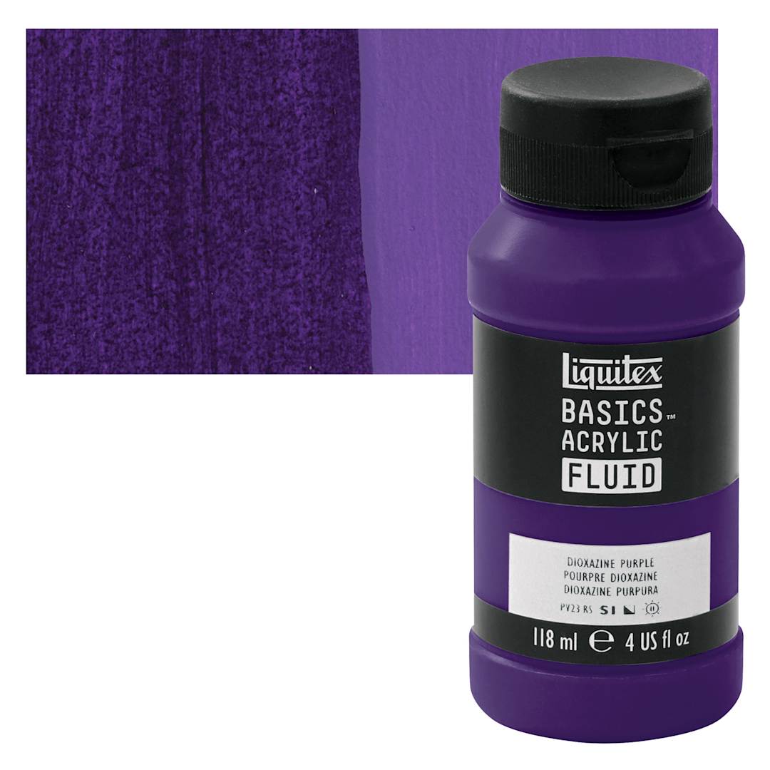 Open in modal - Liquitex Basics Acrylic Fluid Paint - Dioxazine Purple, 118 ml bottle and swatch