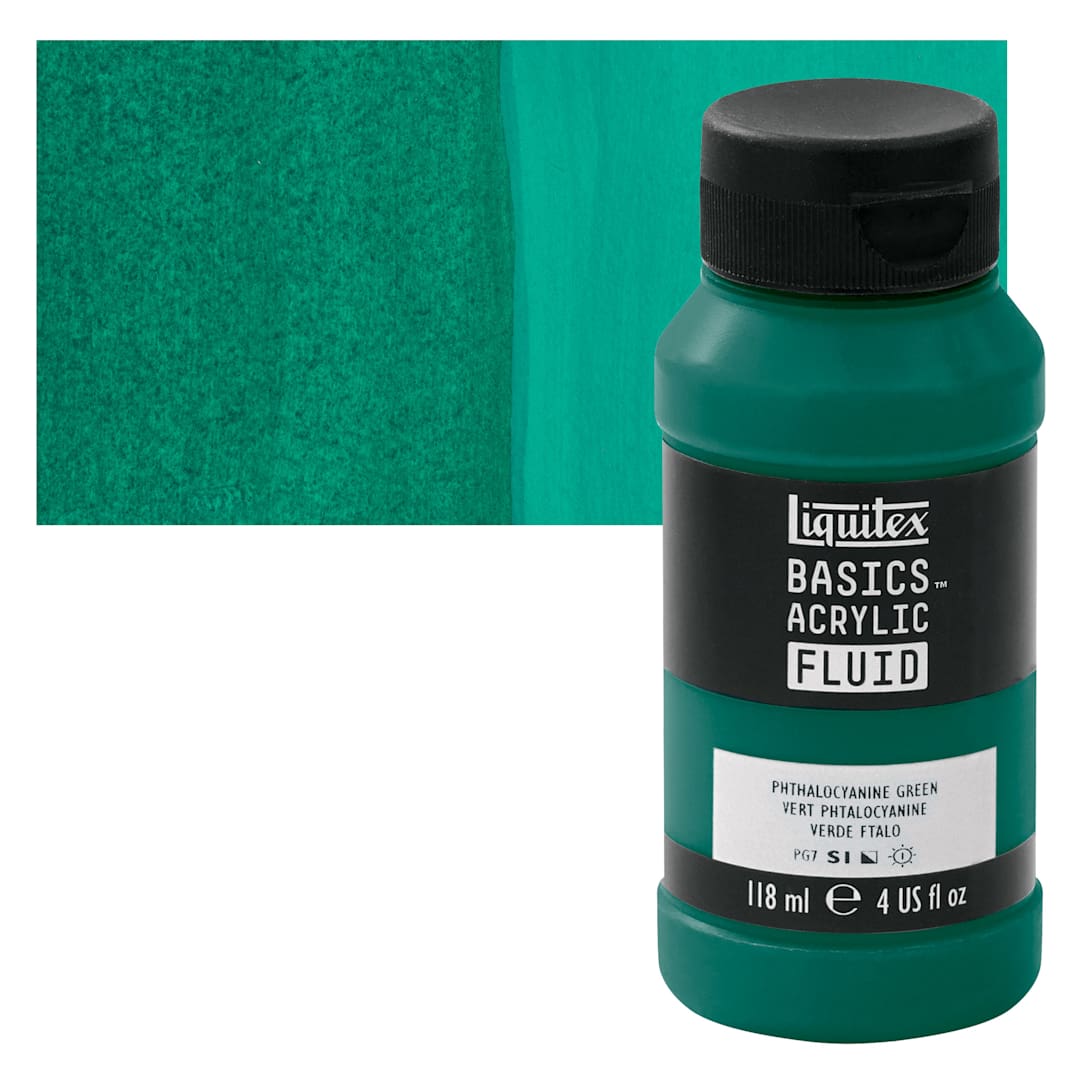 Open in modal - Liquitex Basics Acrylic Fluid Paint - Phthalocyanine Green, 118 ml bottle and swatch