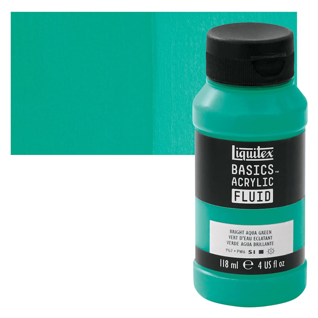 Open in modal - Liquitex Basics Acrylic Fluid Paint - Bright Aqua Green, 118 ml bottle and swatch