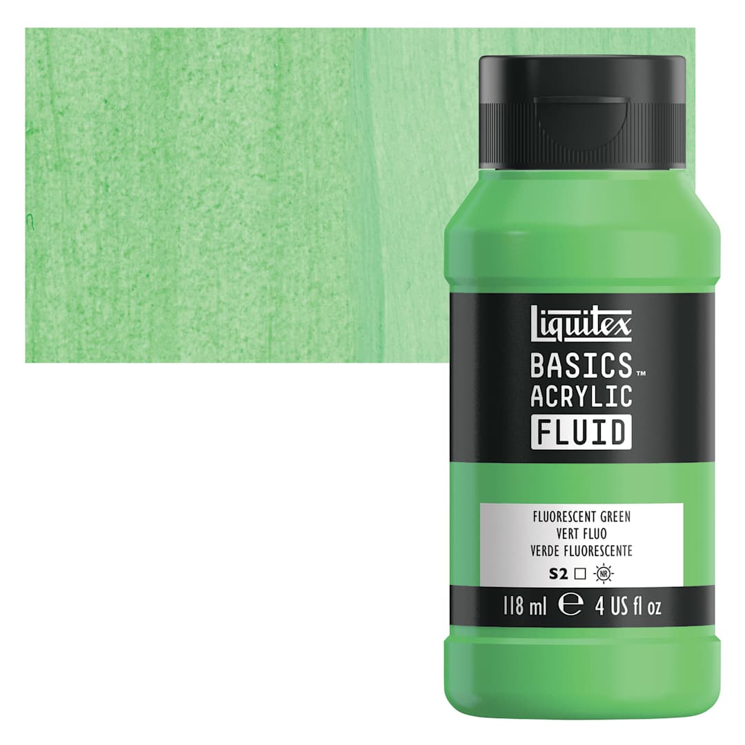 Open in modal - Liquitex Basics Acrylic Fluid Paint - Fluorescent Green, 118 ml bottle and swatch