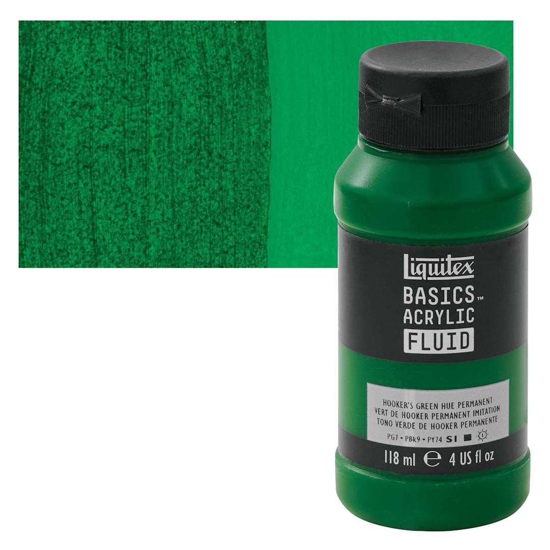 Open in modal - Liquitex Basics Acrylic Fluid Paint - Hooker's Green Permanent Hue, 118 ml bottle and swatch