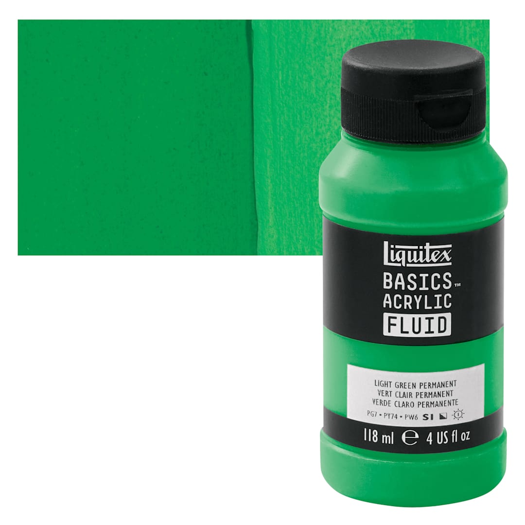 Open in modal - Liquitex Basics Acrylic Fluid Paint - Light Green Permanent, 118 ml bottle and swatch
