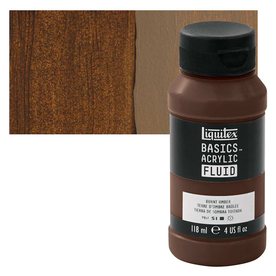 Open in modal - Liquitex Basics Acrylic Fluid Paint - Burnt Umber, 118 ml bottle and swatch