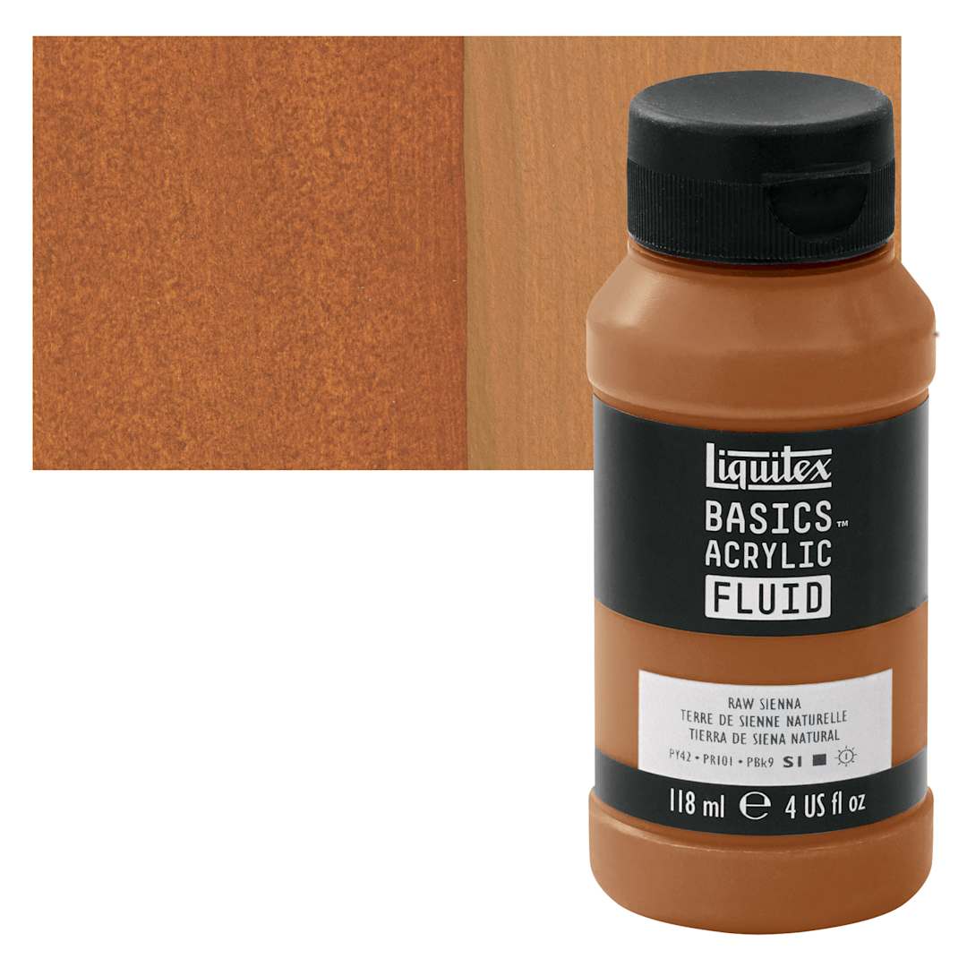 Open in modal - Liquitex Basics Acrylic Fluid Paint - Raw Sienna, 118 ml bottle and swatch