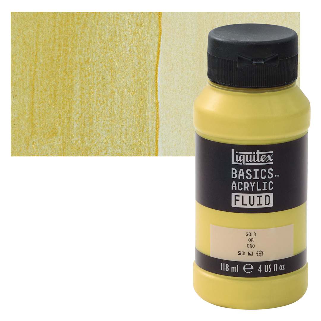 Open in modal - Liquitex Basics Acrylic Fluid Paint - Gold, 118 ml bottle and swatch