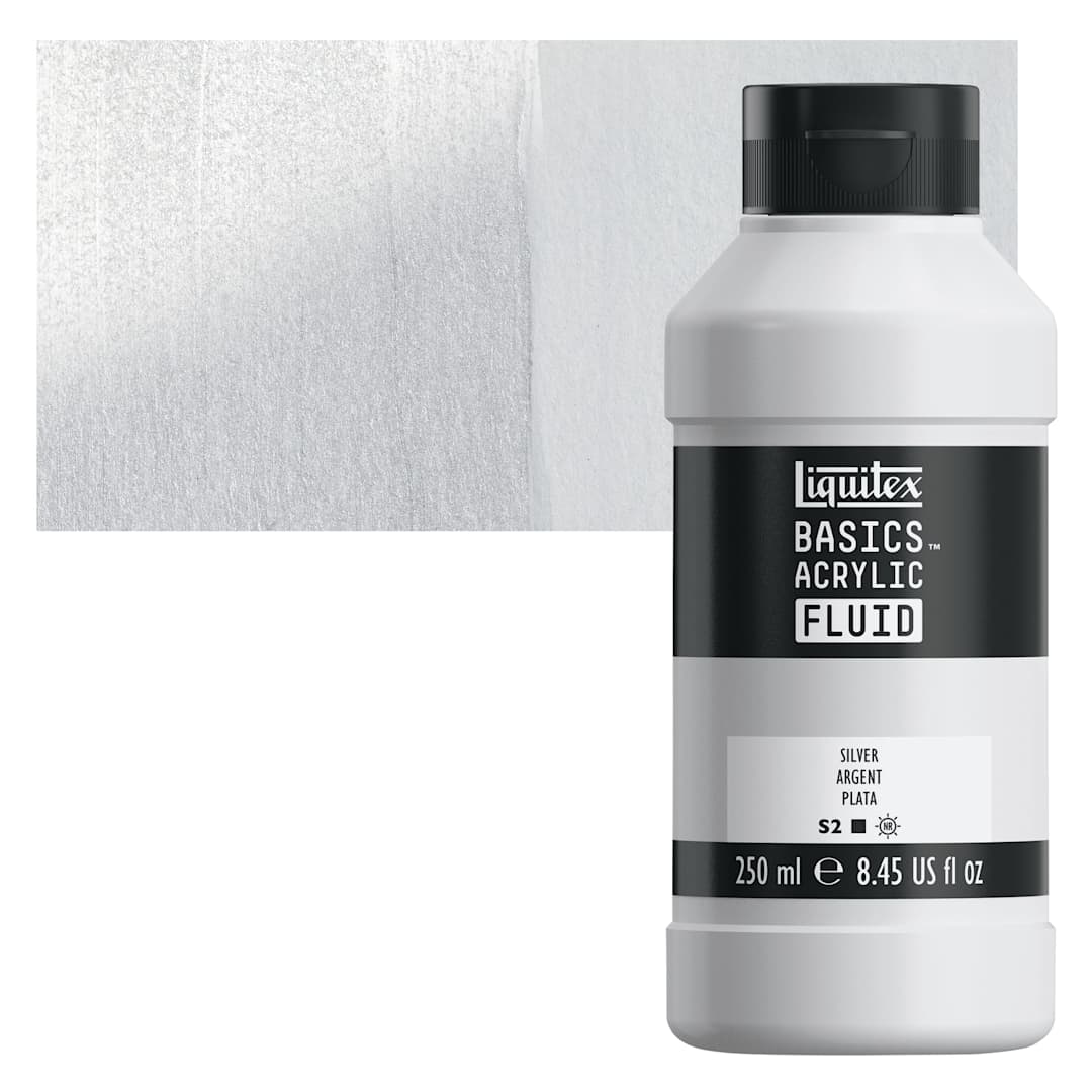 Open in modal - Liquitex Basics Acrylic Fluid Paint - Silver, 250 ml bottle and swatch