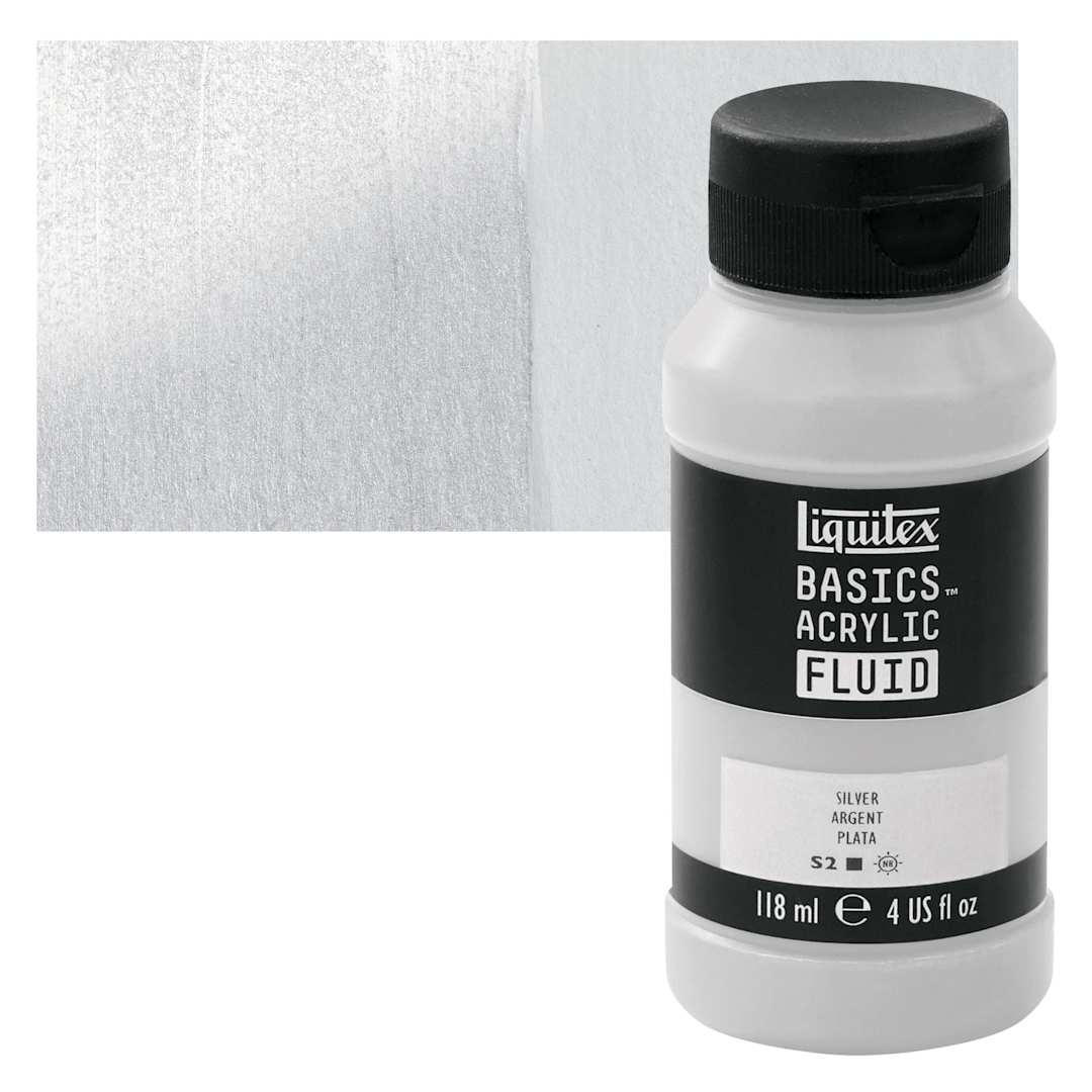 Open in modal - Liquitex Basics Acrylic Fluid Paint - Silver, 118 ml bottle and swatch
