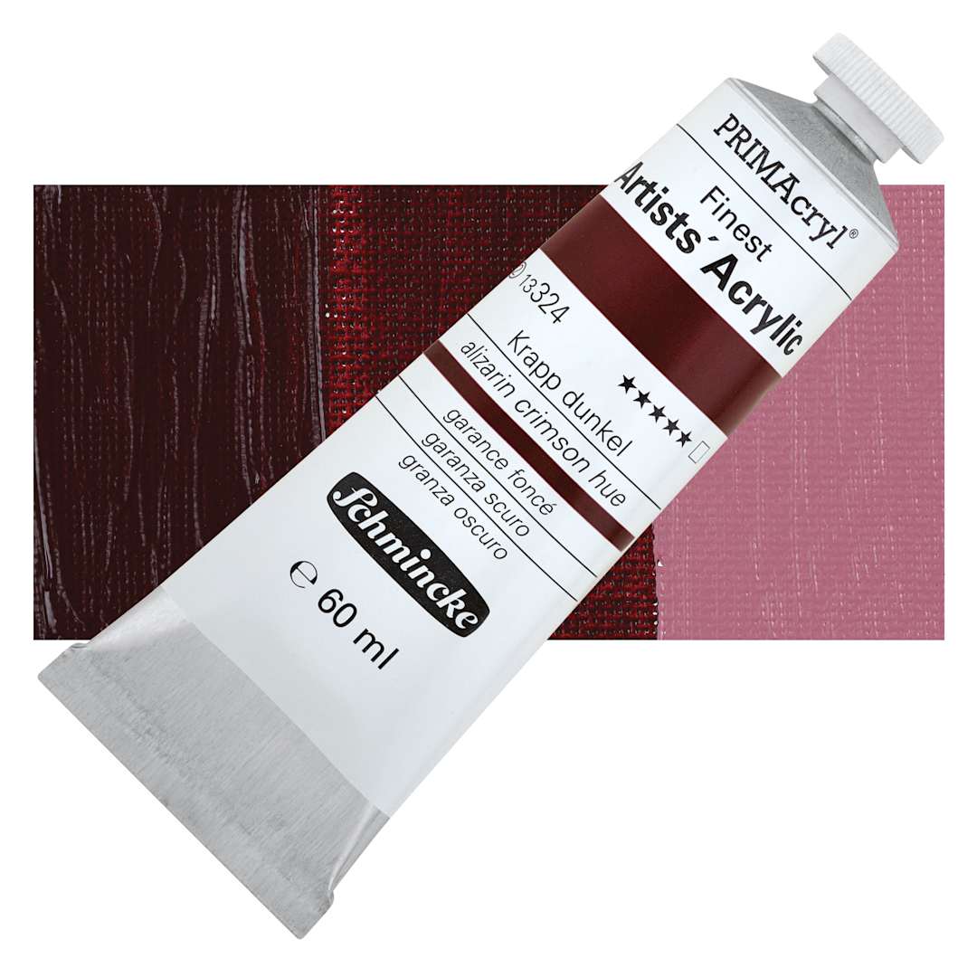 Open in modal - Schmincke Primacryl Finest Artists' Acrylic Paint - Alizarin Crimson Hue, 60 ml Tube and swatch