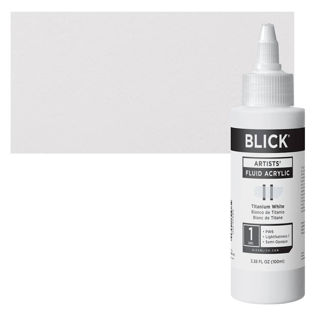 Open in modal - Blick Artists’ Fluid Acrylic - Titanium White, 100 ml, Bottle and Swatch
