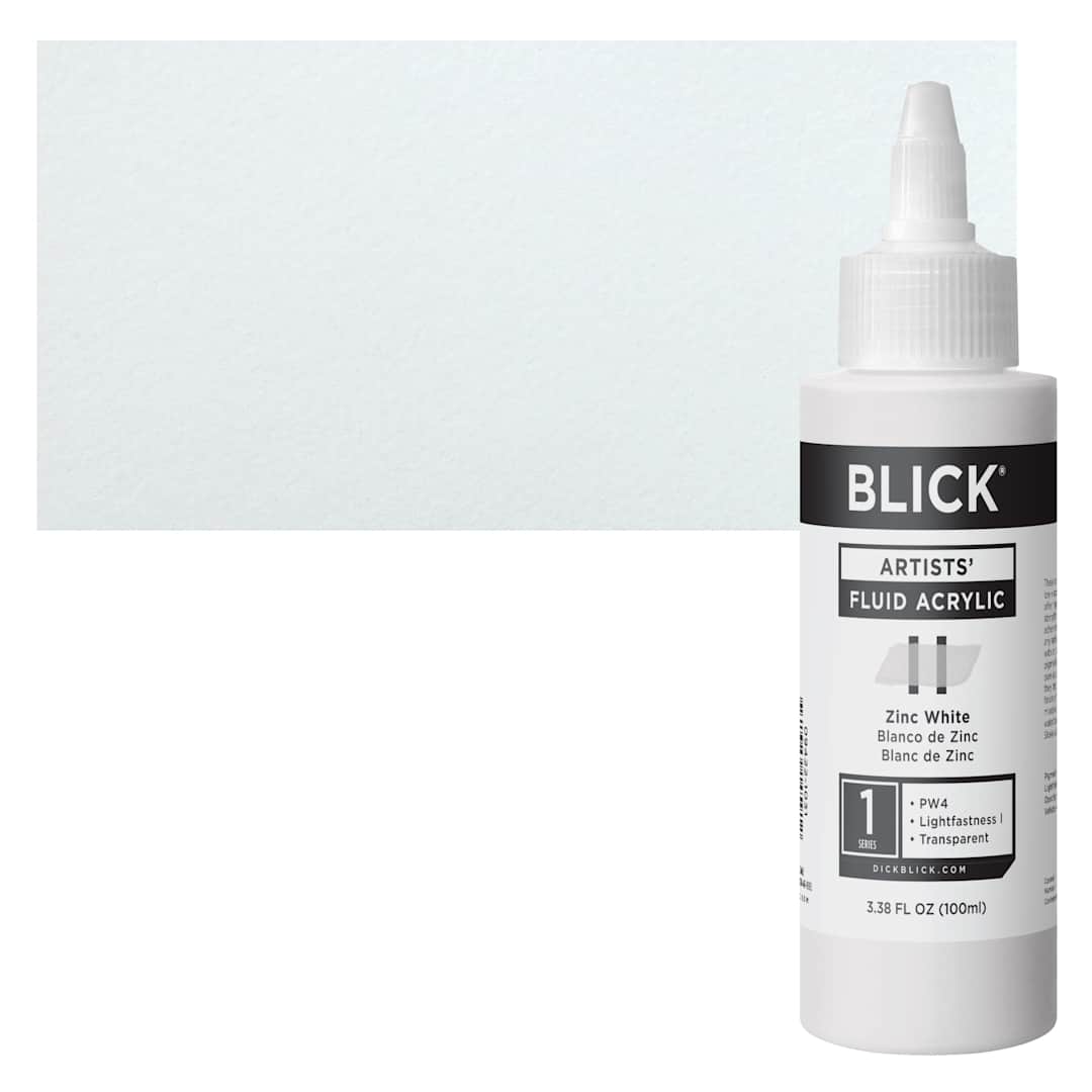 Open in modal - Blick Artists’ Fluid Acrylic - Zinc White, 100 ml Bottle and Swatch