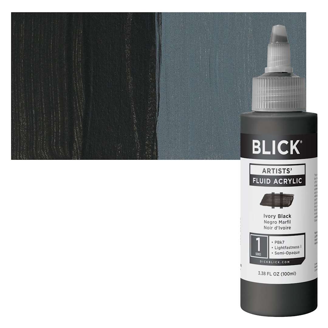 Open in modal - Blick Artists’ Fluid Acrylic - Ivory Black, 100 ml Bottle and Swatch