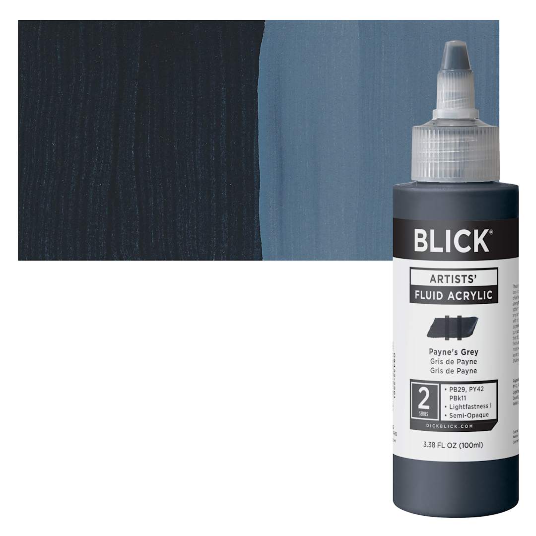 Open in modal - Blick Artists’ Fluid Acrylic - Payne's Grey, 100 ml bottle and swatch