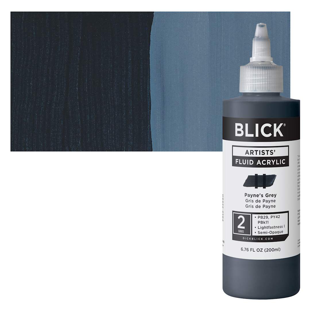 Open in modal - Blick Artists’ Fluid Acrylic - Payne's Grey, 200 ml bottle and swatch