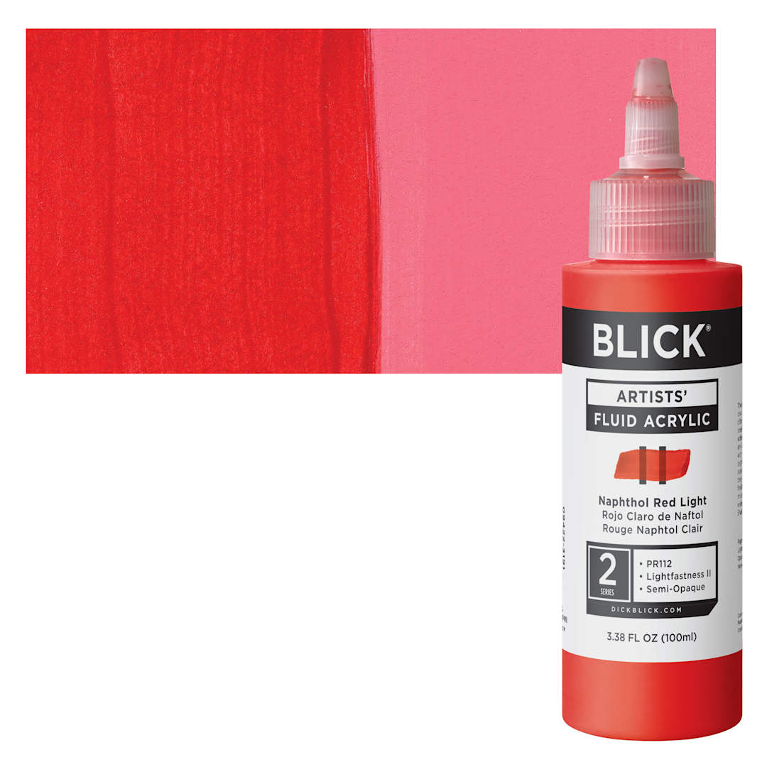Open in modal - Blick Artists’ Fluid Acrylic - Naphthol Red Light, 100 ml bottle and swatch