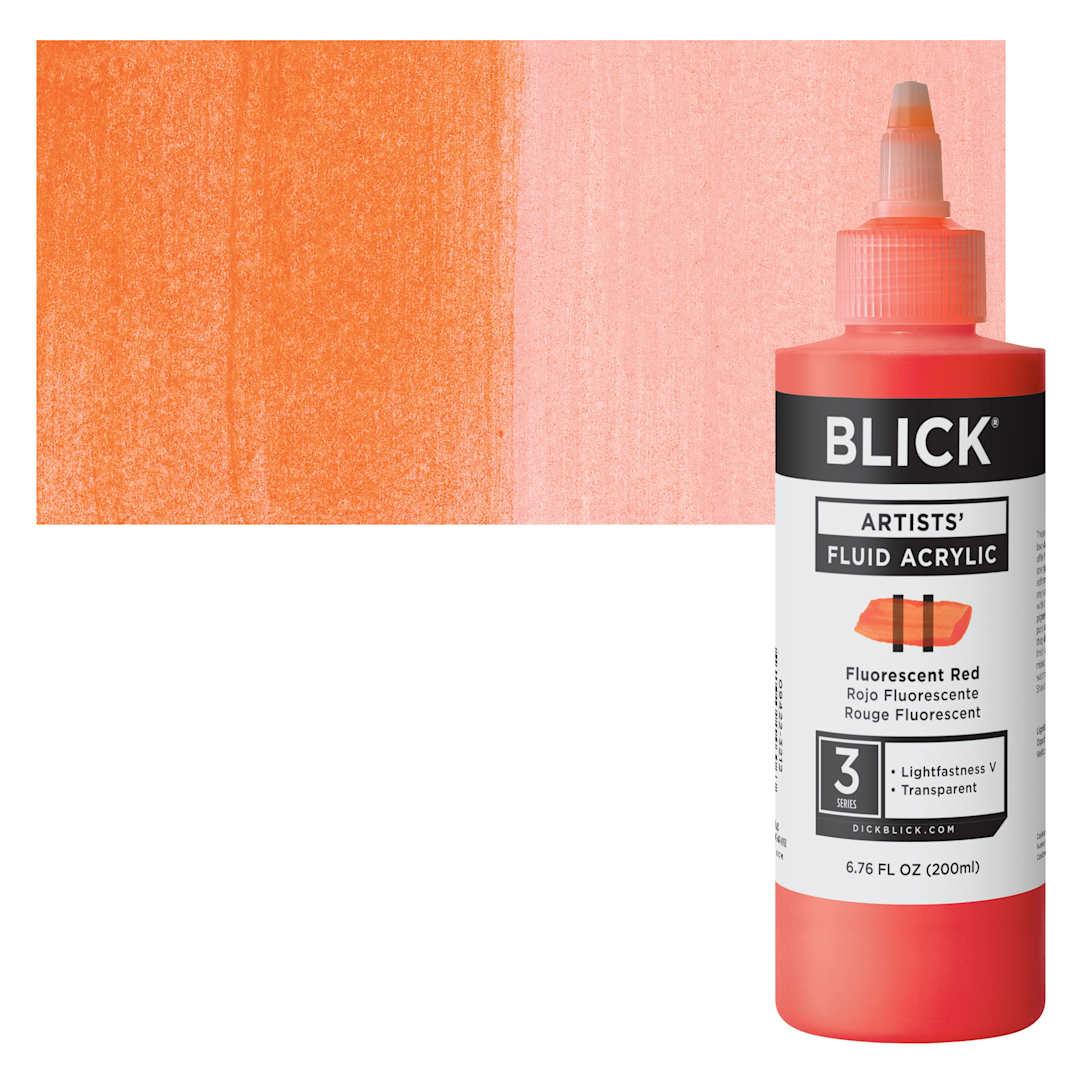 Open in modal - Blick Artists’ Fluid Acrylic - Fluorescent Red, 200 ml bottle and swatch
