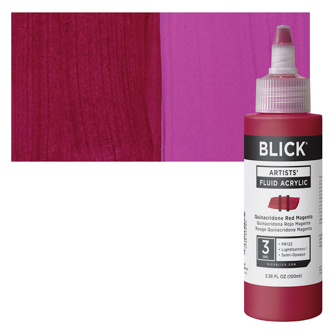 Open in modal - Blick Artists’ Fluid Acrylic - Quinacridone Red Magenta, 100 ml bottle and swatch