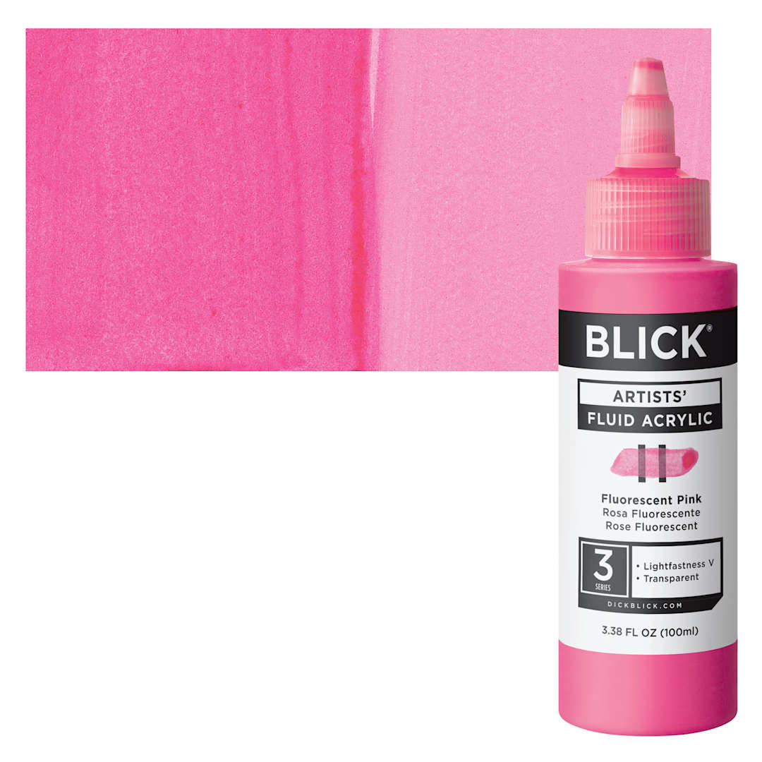 Open in modal - Blick Artists’ Fluid Acrylic - Fluorescent Pink, 100 ml bottle and swatch