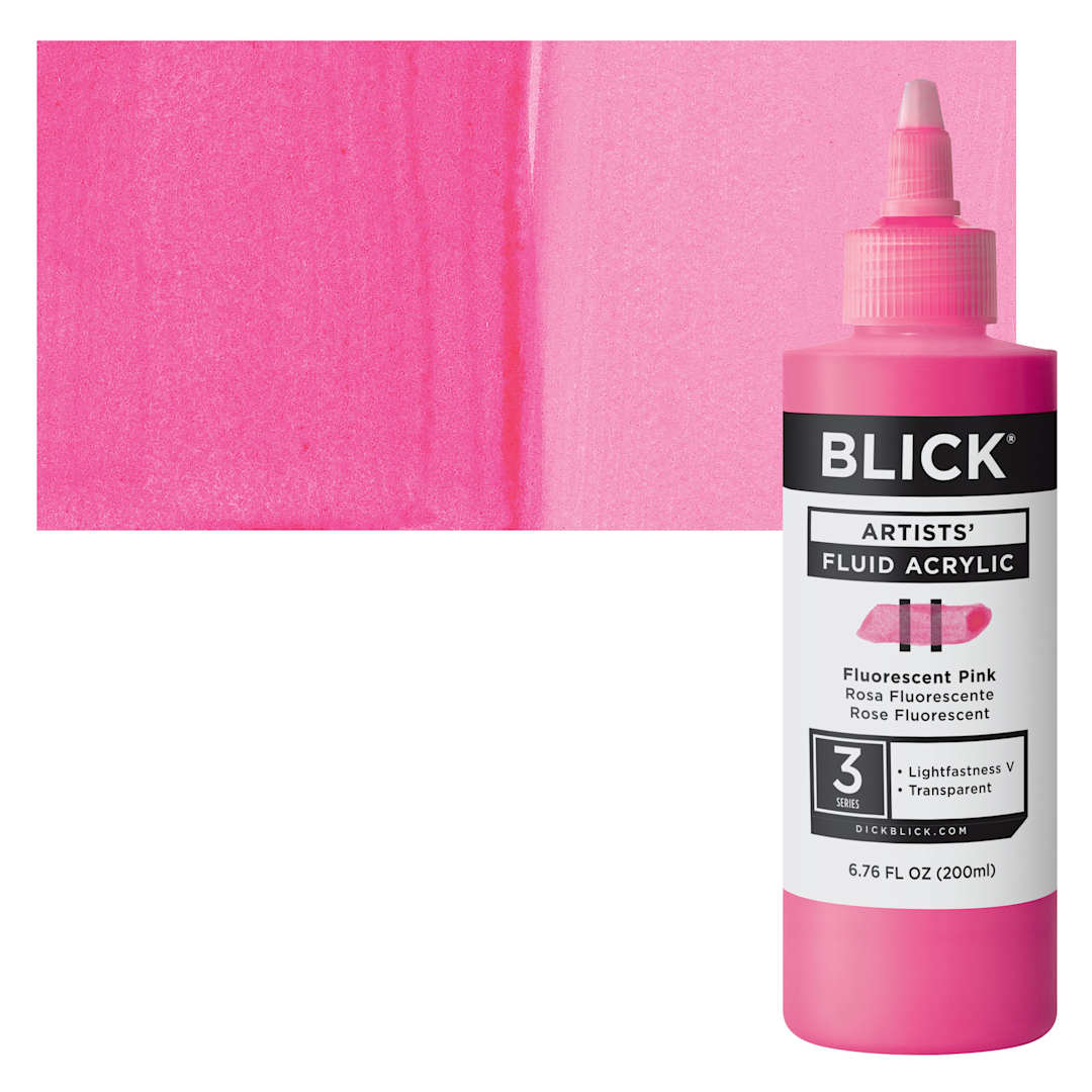 Open in modal - Blick Artists’ Fluid Acrylic - Fluorescent Pink, 200 ml bottle and swatch