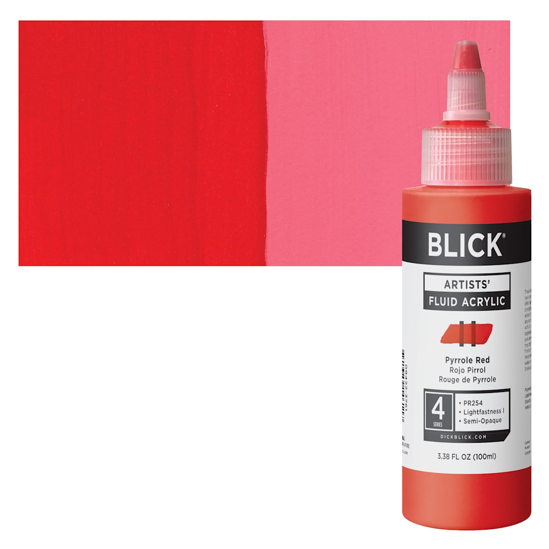Open in modal - Blick Artists’ Fluid Acrylic - Pyrrole Red, 100 ml bottle and swatch