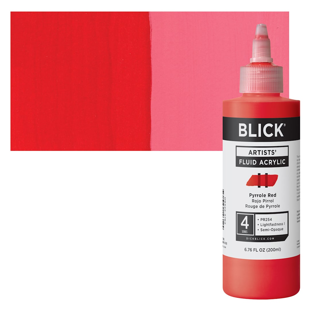 Open in modal - Blick Artists’ Fluid Acrylic - Pyrrole Red, 200 ml bottle and swatch