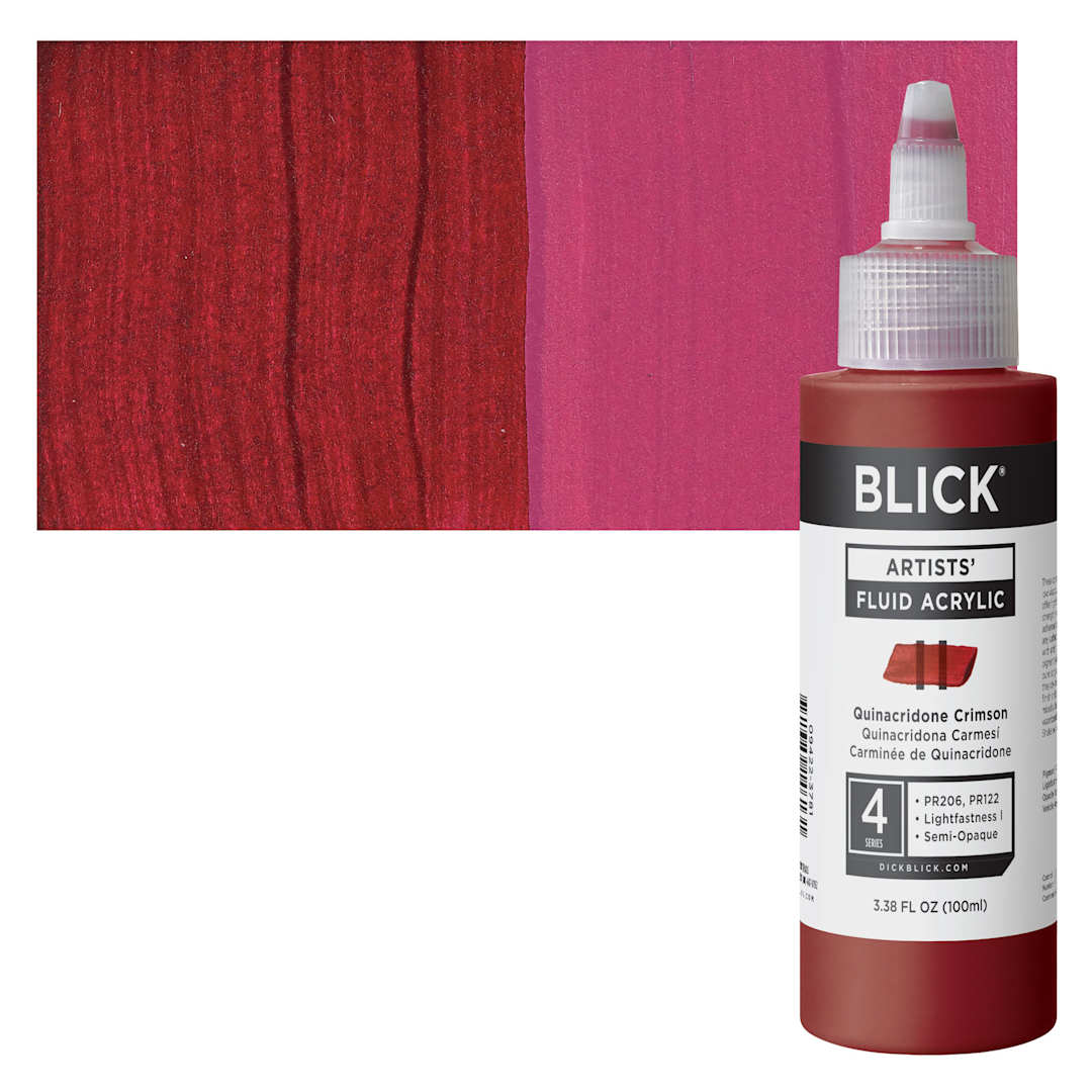 Open in modal - Blick Artists’ Fluid Acrylic - Quinacridone Crimson, 100 ml bottle and swatch