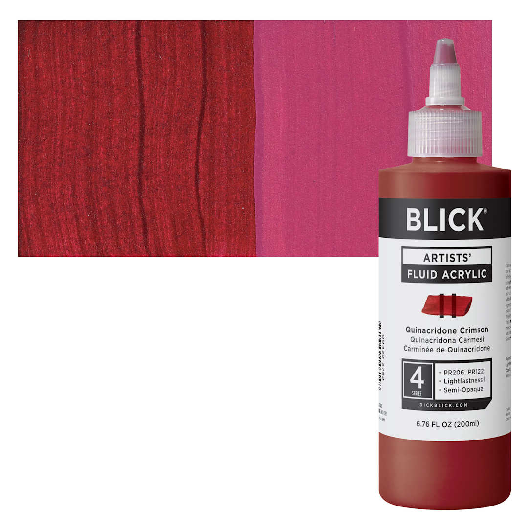 Open in modal - Blick Artists’ Fluid Acrylic - Quinacridone Crimson, 200 ml bottle and swatch