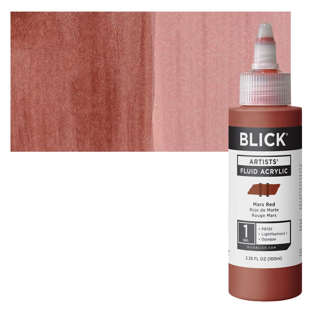 Open in modal - Blick Artists’ Fluid Acrylic - Mars Red, 100 ml, Bottle and Swatch