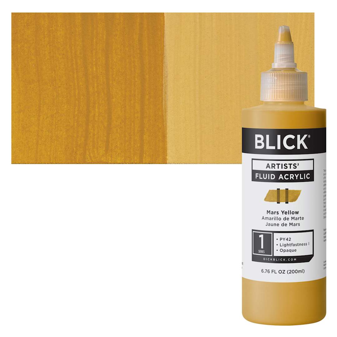 Open in modal - Blick Artists’ Fluid Acrylic - Mars Yellow, 200 ml bottle and swatch