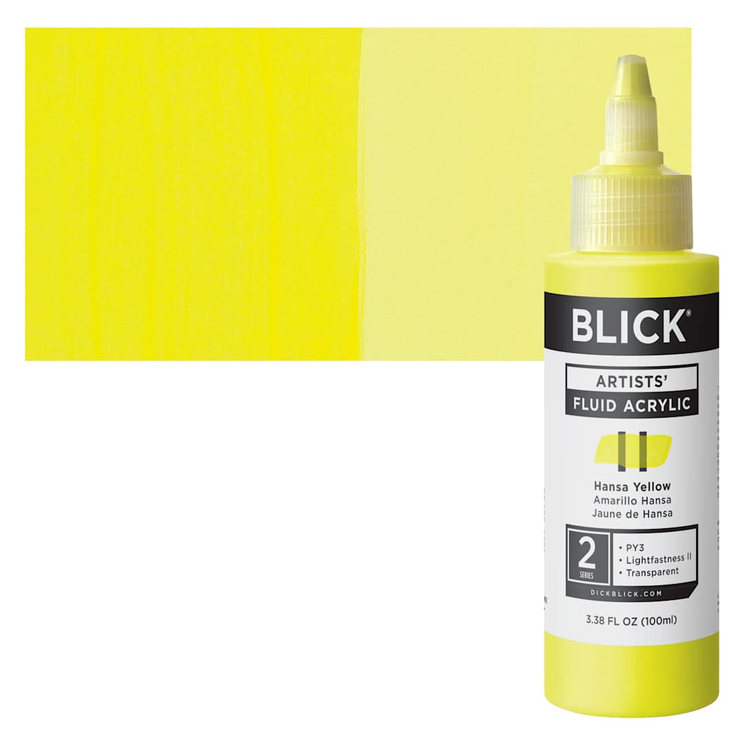 Open in modal - Blick Artists’ Fluid Acrylic - Hansa Yellow, 100 ml Bottle and Swatch