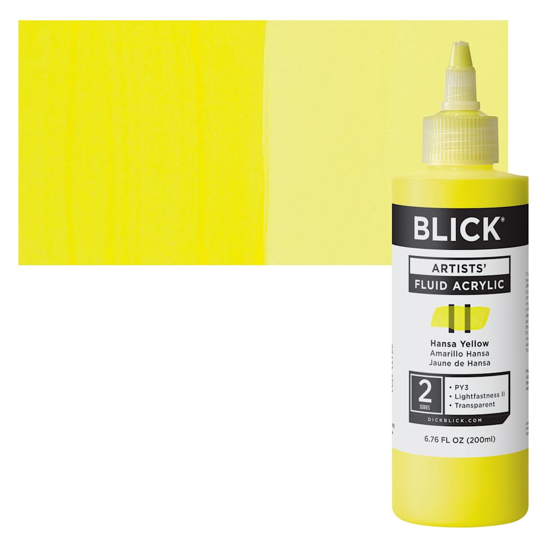 Open in modal - Blick Artists’ Fluid Acrylic - Hansa Yellow, 200 ml bottle and swatch
