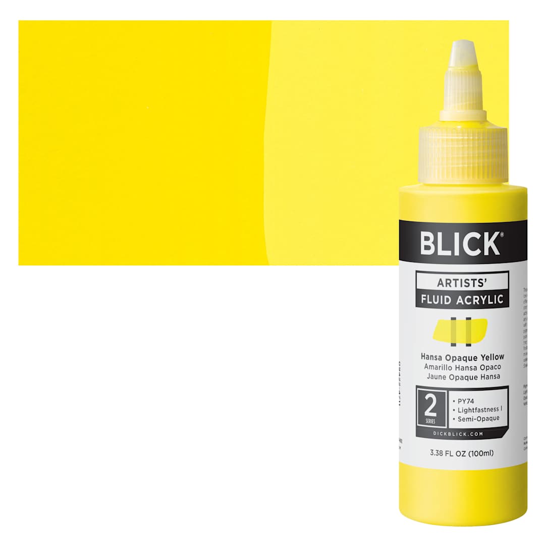 Open in modal - Blick Artists’ Fluid Acrylic - Hansa Yellow Opaque, 100 ml bottle and swatch