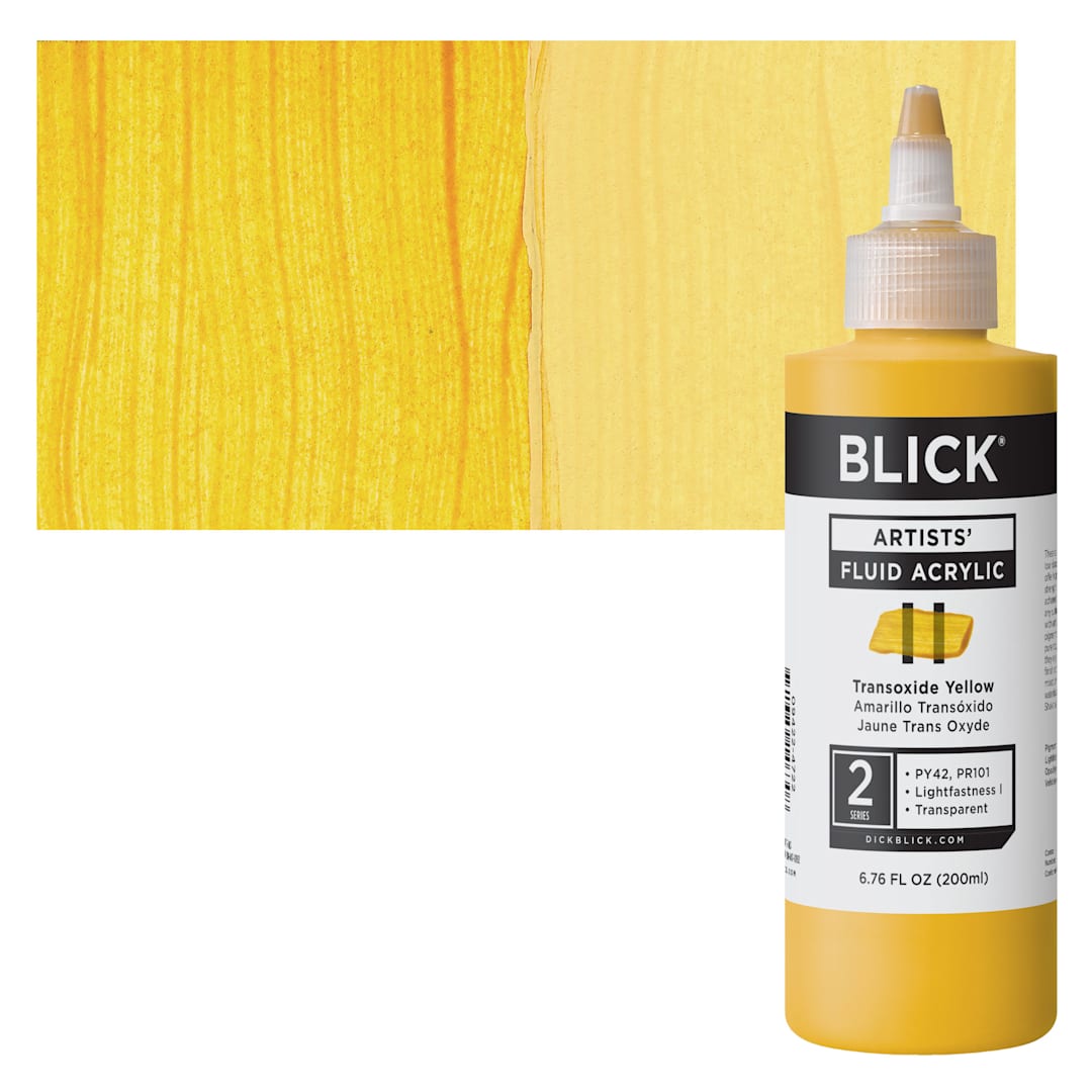 Open in modal - Blick Artists’ Fluid Acrylic - Transoxide Yellow, 200 ml bottle and swatch