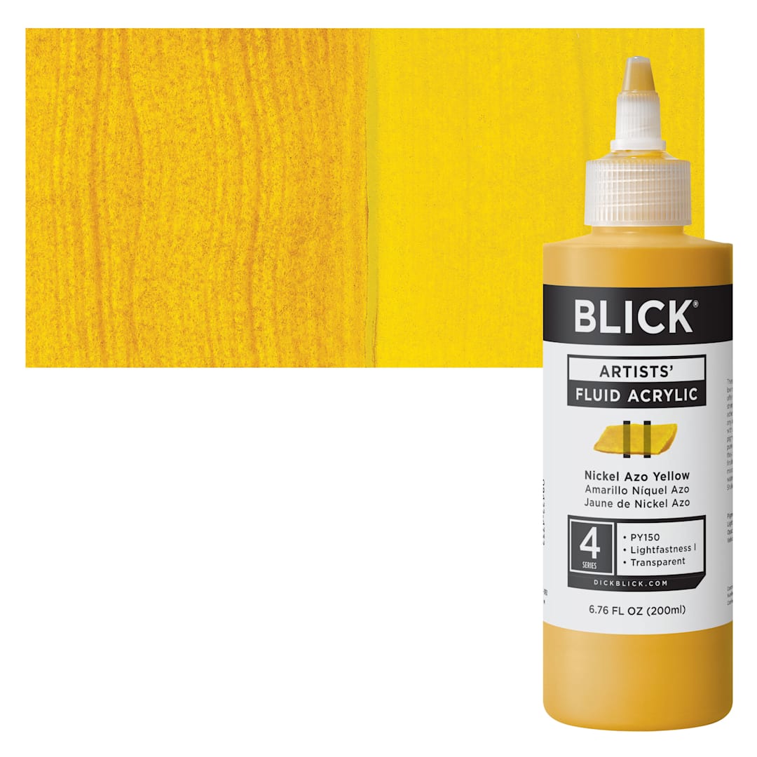 Open in modal - Blick Artists’ Fluid Acrylic - Nickel Azo Yellow, 200 ml bottle and swatch