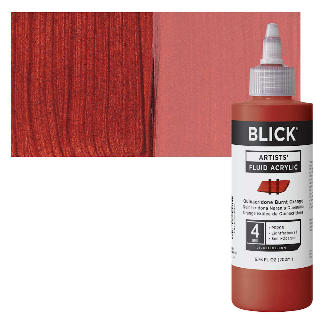 Open in modal - Blick Artists’ Fluid Acrylic - Quinacridone Burnt Orange, 200 ml bottle and swatch