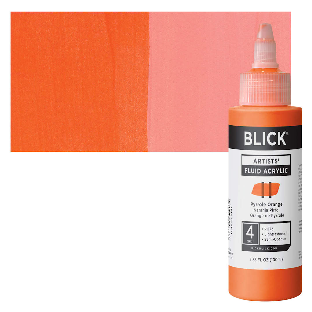 Open in modal - Blick Artists’ Fluid Acrylic - Pyrrole Orange, 100 ml bottle and swatch