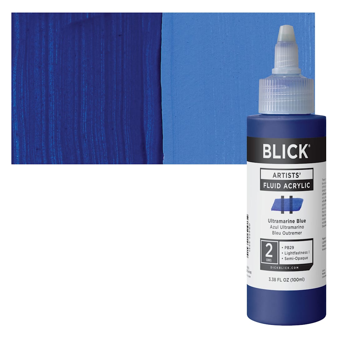 Open in modal - Blick Artists’ Fluid Acrylic - Ultramarine Blue, 100 ml Bottle and Swatch