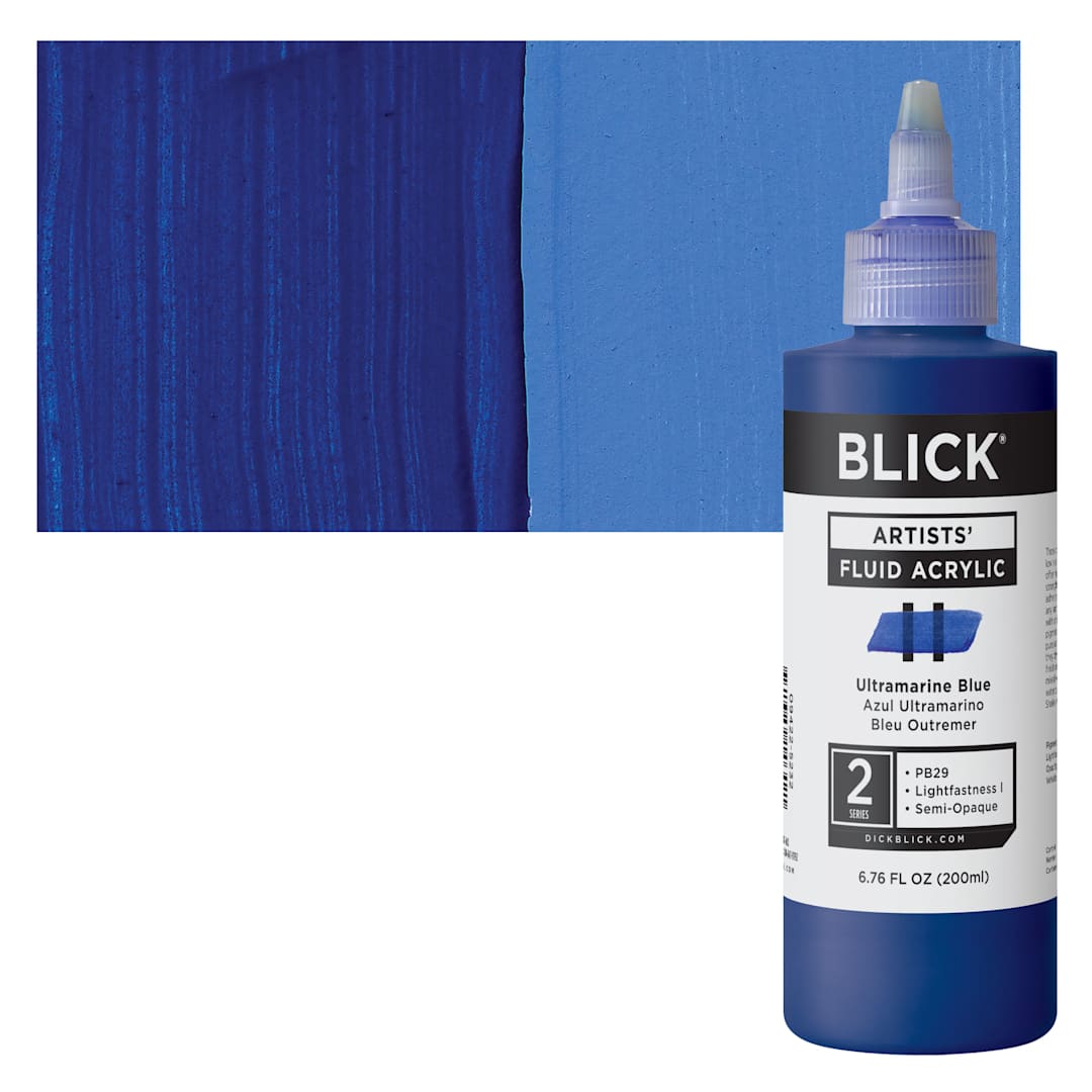 Open in modal - Blick Artists’ Fluid Acrylic - Ultramarine Blue, 200 ml bottle and swatch