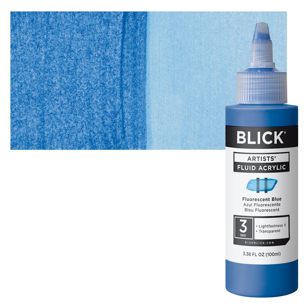Open in modal - Blick Artists’ Fluid Acrylic - Fluorescent Blue, 100 ml bottle and swatch